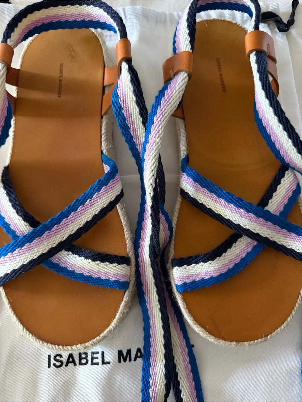 Isabel Marant Blue, Pink & White Striped Espadrille Wedge Sandals